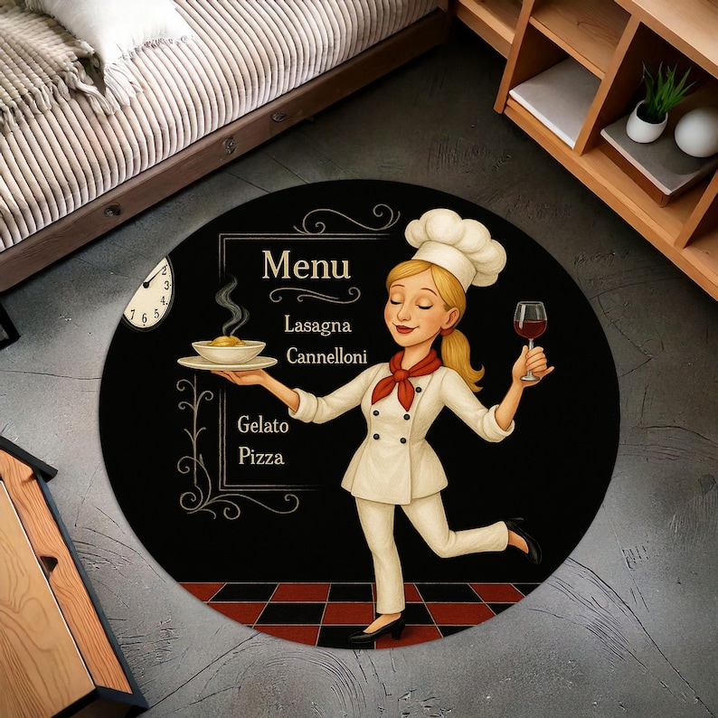Home Cooking Menu - ブロンドシェフラウンドキッチンラグ、レトロメニューデザインダイニングルーム用クッキングマット、滑り止めカフェテーマ装飾、楽しいレストランスタイルギフト