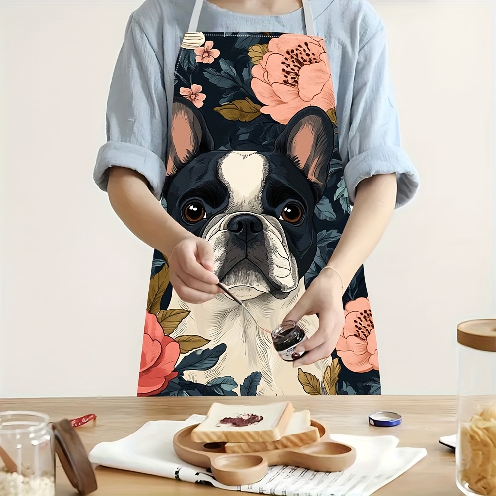 Home Cooking For Dogs - フレンチブルドッグ柄エプロン - リネン風、可愛い犬柄、家庭料理、ベーキング、キッチン、レストランでの使用、ギフトに最適