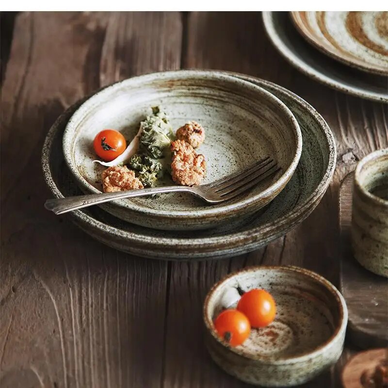 Home Cooking Japanese - 日本の手作り石器食器プレートとボウル、レトロな陶器のディナープレート、家庭料理、レストラン用ライスボウル