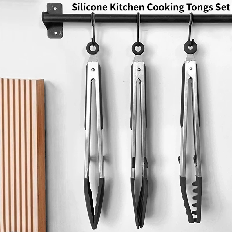 Home Cooking Utensil Set - 3 個のシリコンキッチン調理トングセットステンレス鋼ノンスティック食品トングノンスリップ調理クリップクランプバーベキューサラダグリルツール