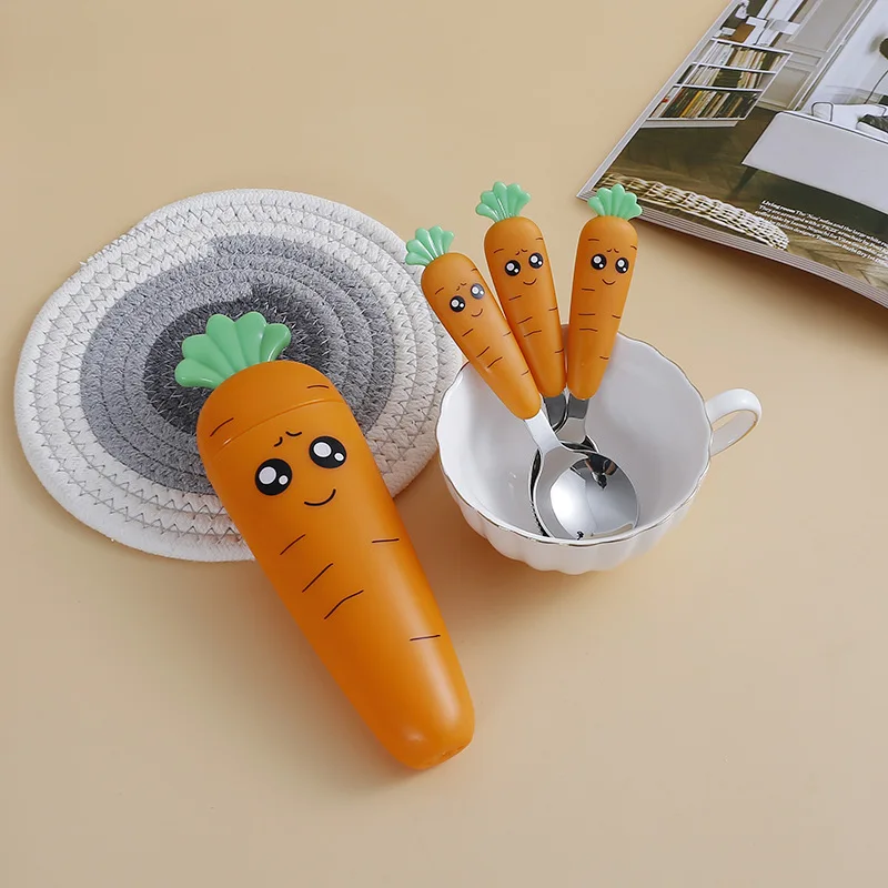 Home Cooking Utensil Set - 子供用の箱が付いたステンレス鋼のにんじん食器,スプーン,フォーク,食器,ベビーフード,キッチンツール