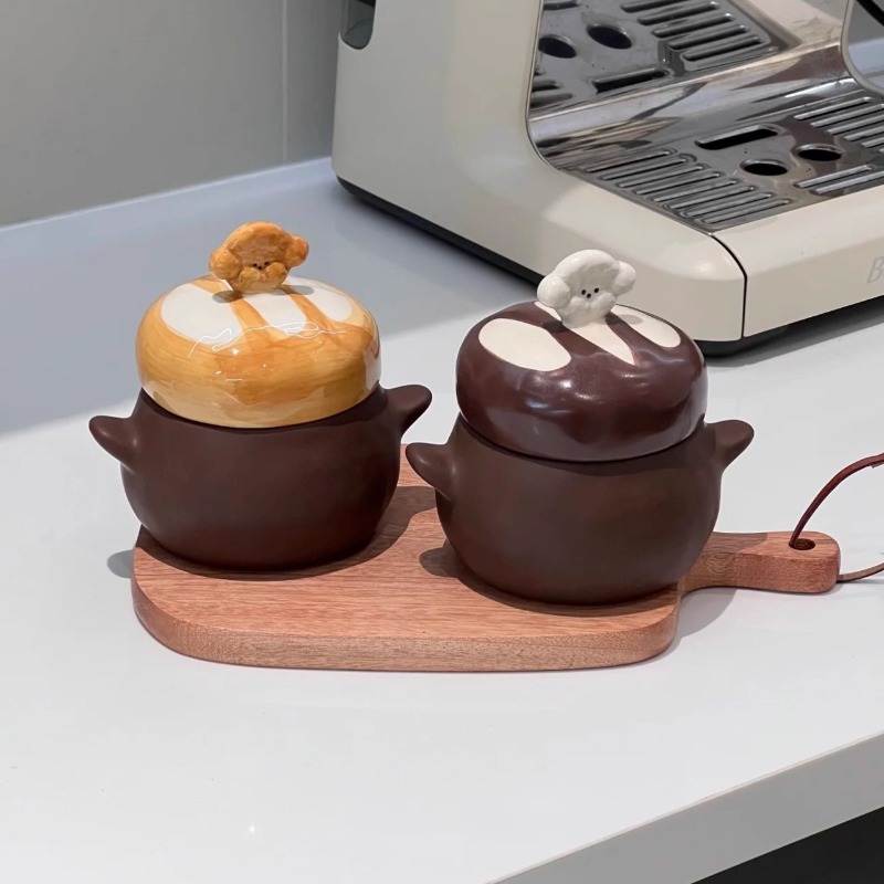 Home Cooking For Dogs - かわいいパン型セラミックシチューポット、両耳付き蓋デザイン、家庭用スープ、燕の巣煮込み用小型調理ボウル