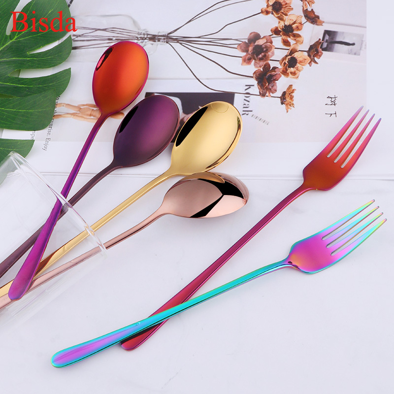 Home Cooking Utensil Set - 2 ピース/セットディナーフォークステンレス鋼のフォークとスプーンセットゴールド食器キッチン用品カラフルなスプーン安全大人の食器