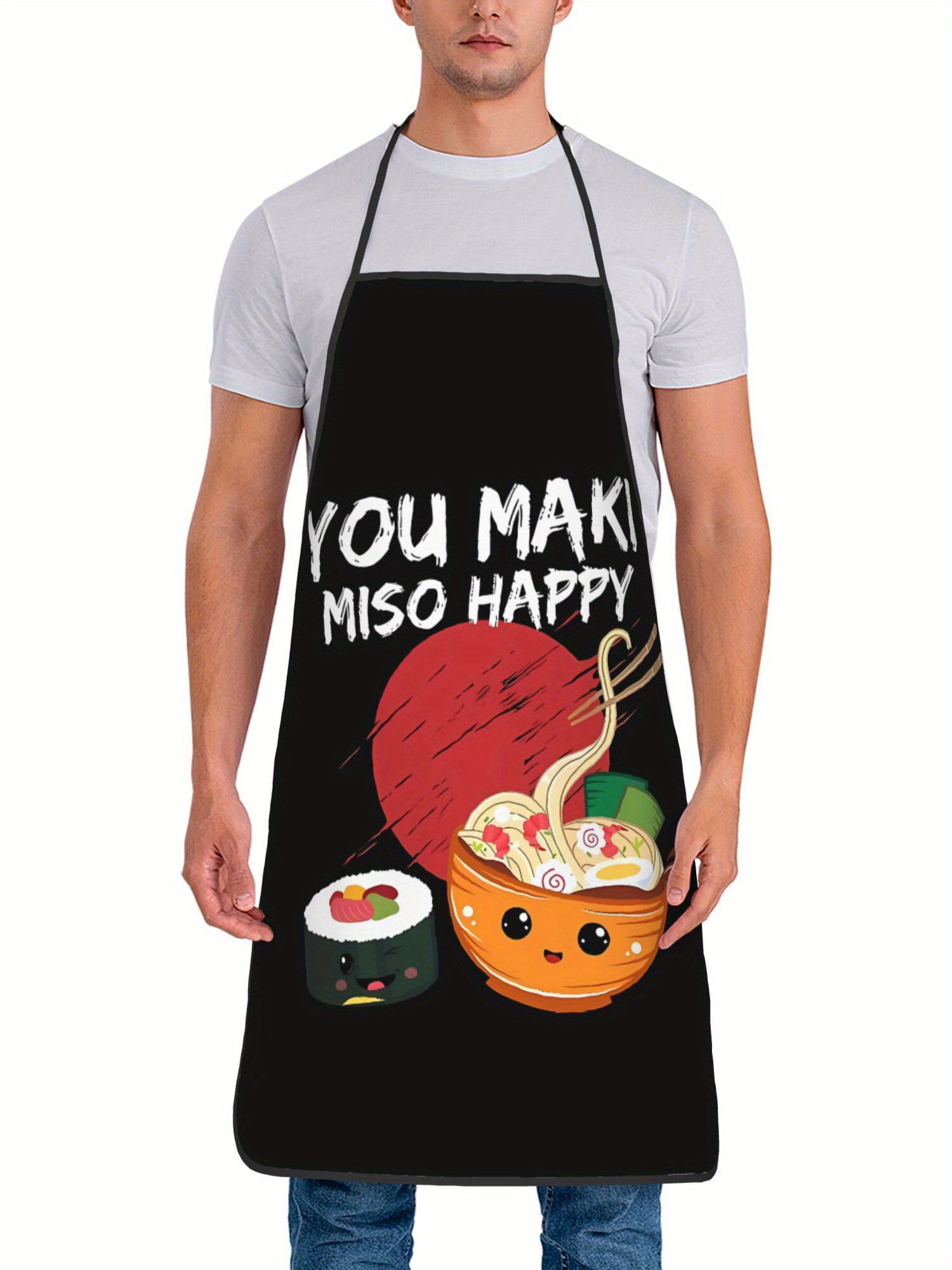 Home Cooking Japanese Food - 日本料理エプロン - 「YOU MAKI MISO HAPPY」の文字が入ったかわいい寿司ラーメンプリント