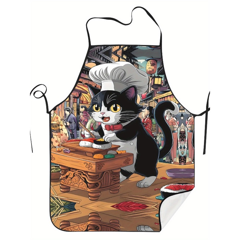 Home Cooking Japanese Food - 面白い寿司シェフ猫漫画キッチンエプロン日本料理デザインリネンビブシェフエプロンマルチサイズホームデコレーションギフト