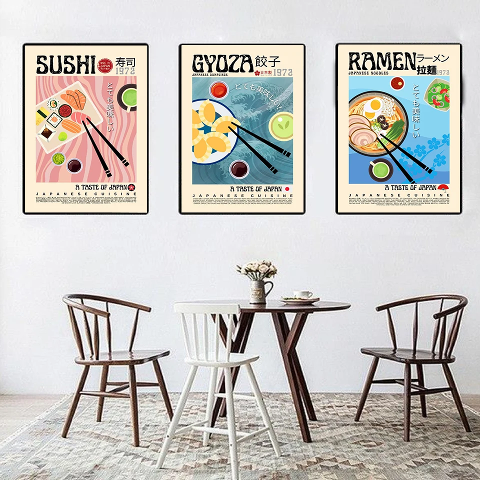 Home Cooking Japanese Food - アジアのレトロな日本韓国ヴィンテージフードモダンキッチンアート絵画プリントキャンバスポスターラーメン寿司餃子調理室家の装飾