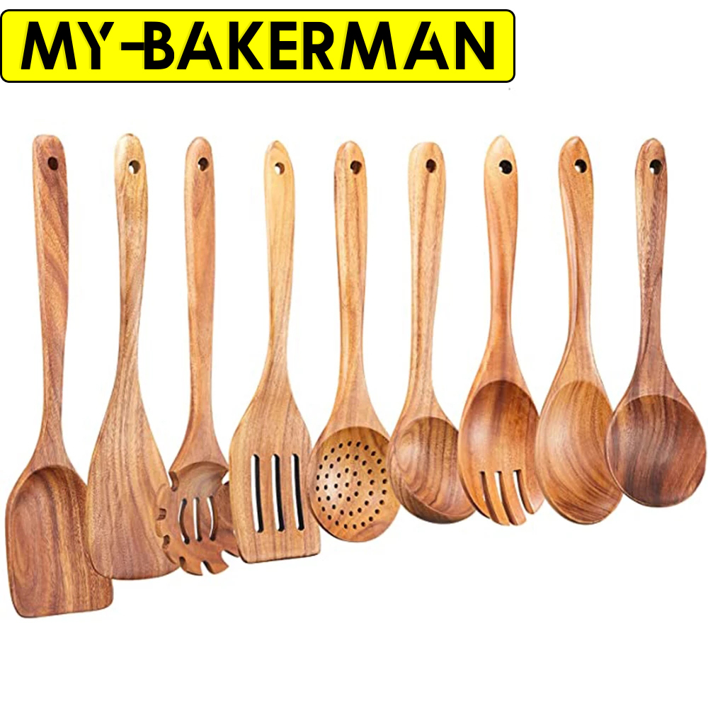 Home Cooking Utensil Set - 1-9個/セット木製キッチン用品セット、調理用木製スプーン、調理器具、ノンスティックパン用天然チーク木製スプーンギフト