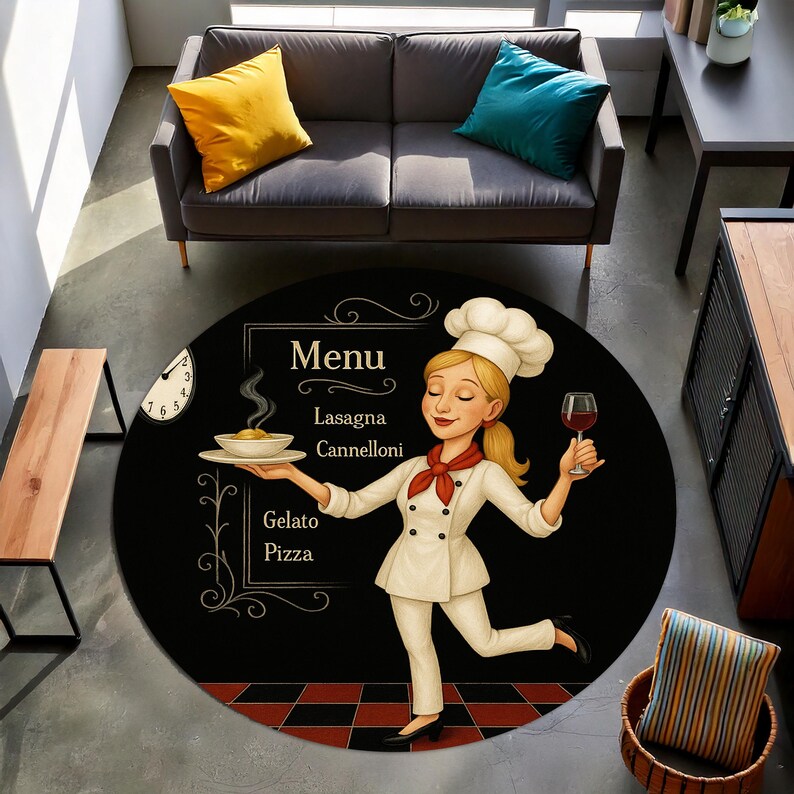 ブロンドシェフラウンドキッチンラグ、レトロメニューデザインダ - Home Cooking Menu のレビューと価格