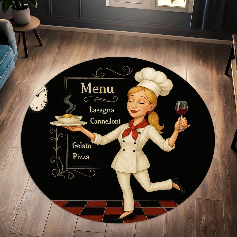 ブロンドシェフラウンドキッチンラグ、レトロメニューデザインダ - Home Cooking Menu のレビューと価格