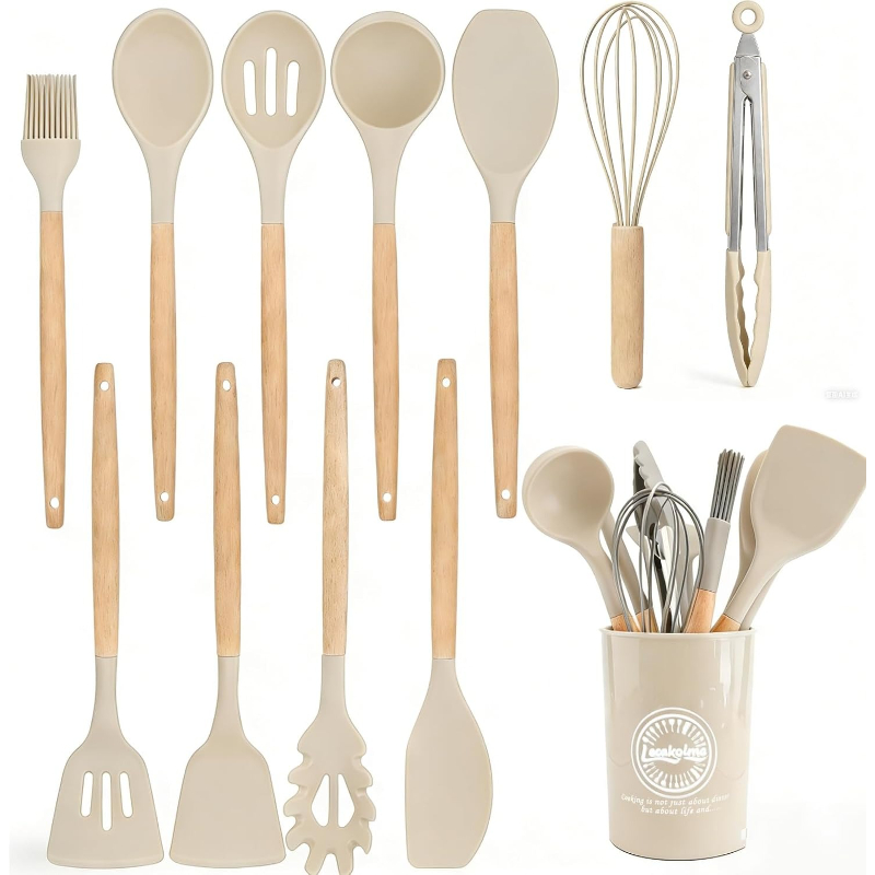 木製ハンドルシリコン製キッチンツールセット14点、ノンスティ - Home Cooking Utensil Set のレビューと価格