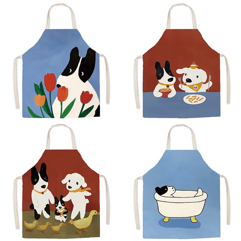 かわいい漫画猫犬プリントコットンリネンエプロン女性用キッチン - Home Cooking For Dogs のレビューと価格