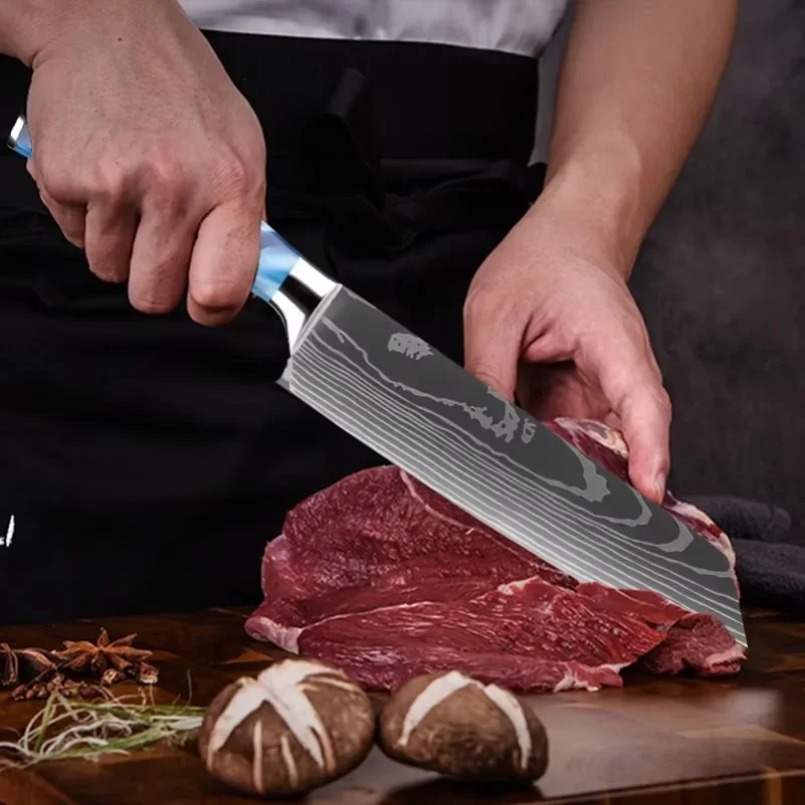 ダマスカス模様レーザー鋼日本製三徳包丁樹脂ハンドルシェフ用肉 - Home Cooking Japanese のレビューと価格